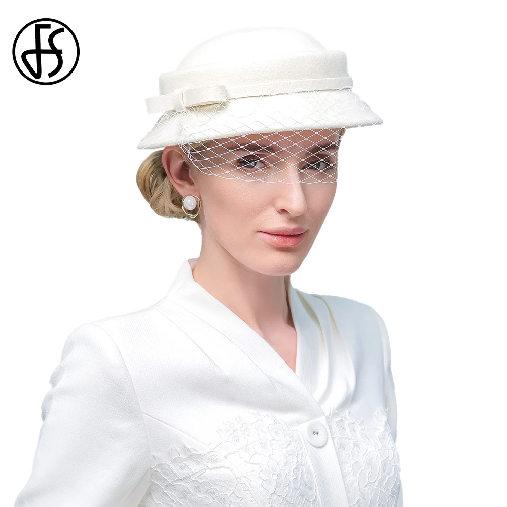 FS 2023 White Wedding Basin Hats For Women With Veil Elegant Church Wool Fedoras Ladies Cocktail Party Bowler Cap Spring Autumn