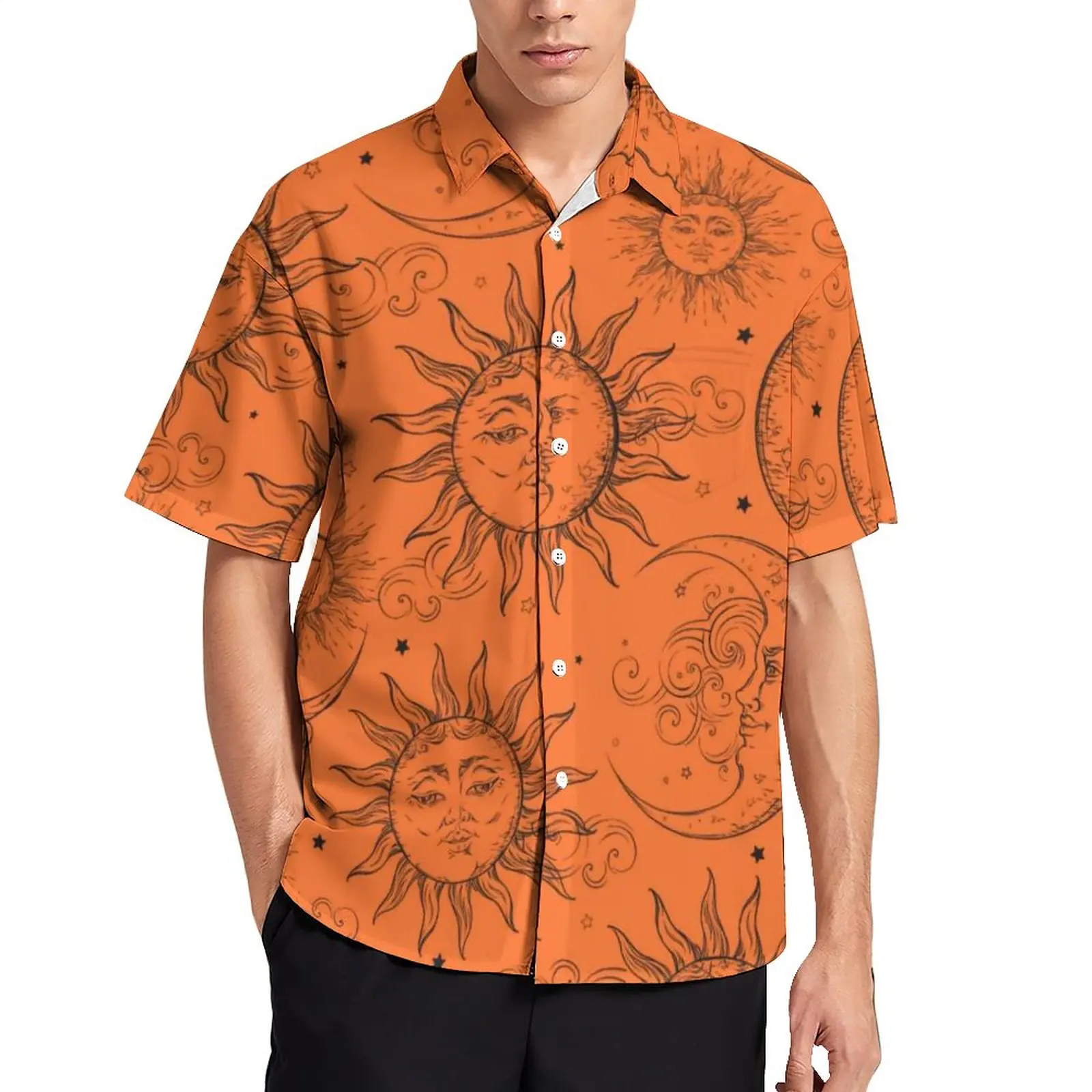 

Vintage Sun Moon Stars Loose Shirt Beach Orange Magic Celestial Casual Shirts Hawaii Print Short Sleeve Retro Oversize Blouses