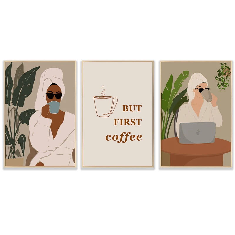 

Bohemia First Coffee Woman Wall Art Posters Tropical Plants Figure Canvas Paintings Print Pictures for Living Room Bedroom Decor