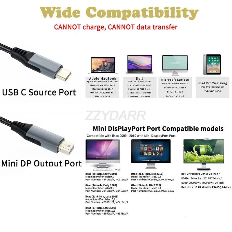 Кабель USB C к мини DisplayPort 4K @ 60 Гц Thunderbolt 3 Мини DP кабелю Type Mini Для MacBook Pro/Air Surface Galaxy 1 8 м