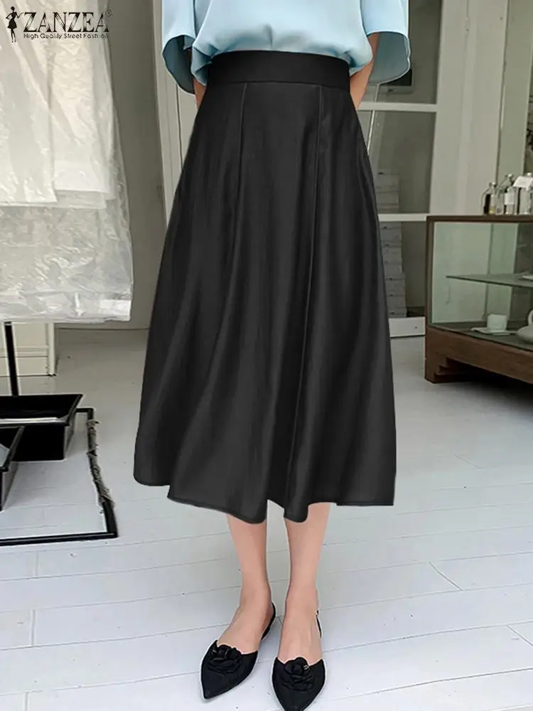 

ZANZEA Casual Glossy Seamed Midi Skirts Fashion High Waist Women Office Wear Long Skirt 2023 Summer Commuting Solid A-line Jupes