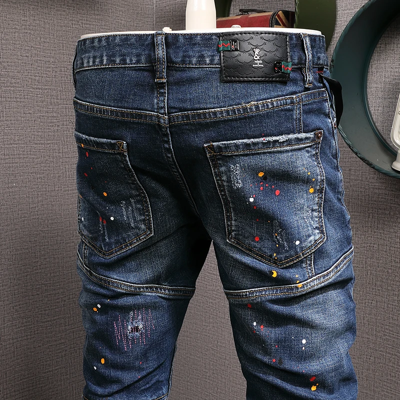 Streetwear Fashion Men Jeans Retro Blue Stretch Slim Fit Spliced Ripped Biker Jeans Homme Painted Designer Hip Hop Pants Men