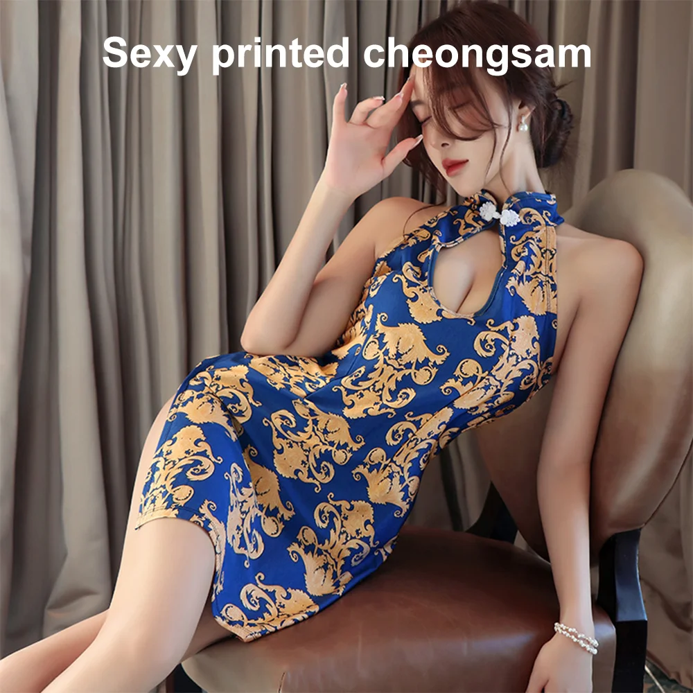 

Sexy Printed Cheongsam Blue Romantic Nightdress Night Dress Lady Skirt Temptation Night Blur Suit for Sexy Girls