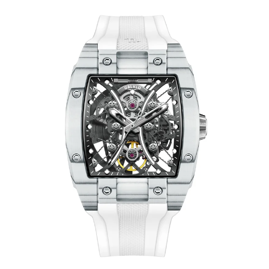 

OBLVLO Men Automatic Watch 44mm Luxury Mechanical Wristwatch Punk Waterproof Tonneau Hollow Out Dial Sapphire Rubber Strap