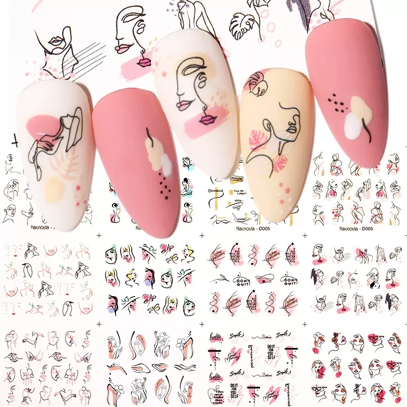 

2023NEW Styles Nail Water Decals Abstract Lady Face Pattern Nail Stickers Color Block Lines Leaf Flowers Sliders Manicures Foils