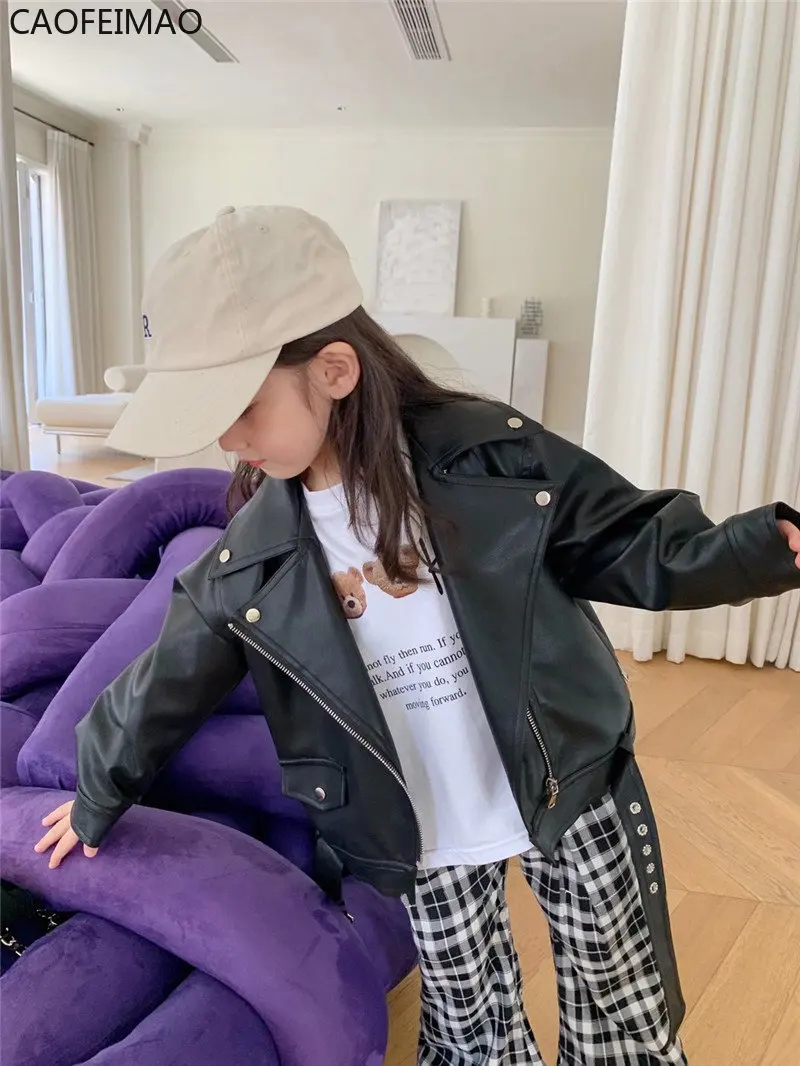 

2023 Caofeimao Baby Princess Solid Full Sleeve Zipper Leather Top Jacket Children Fasshion Girls Coat Outwear Buttons 2-8Y