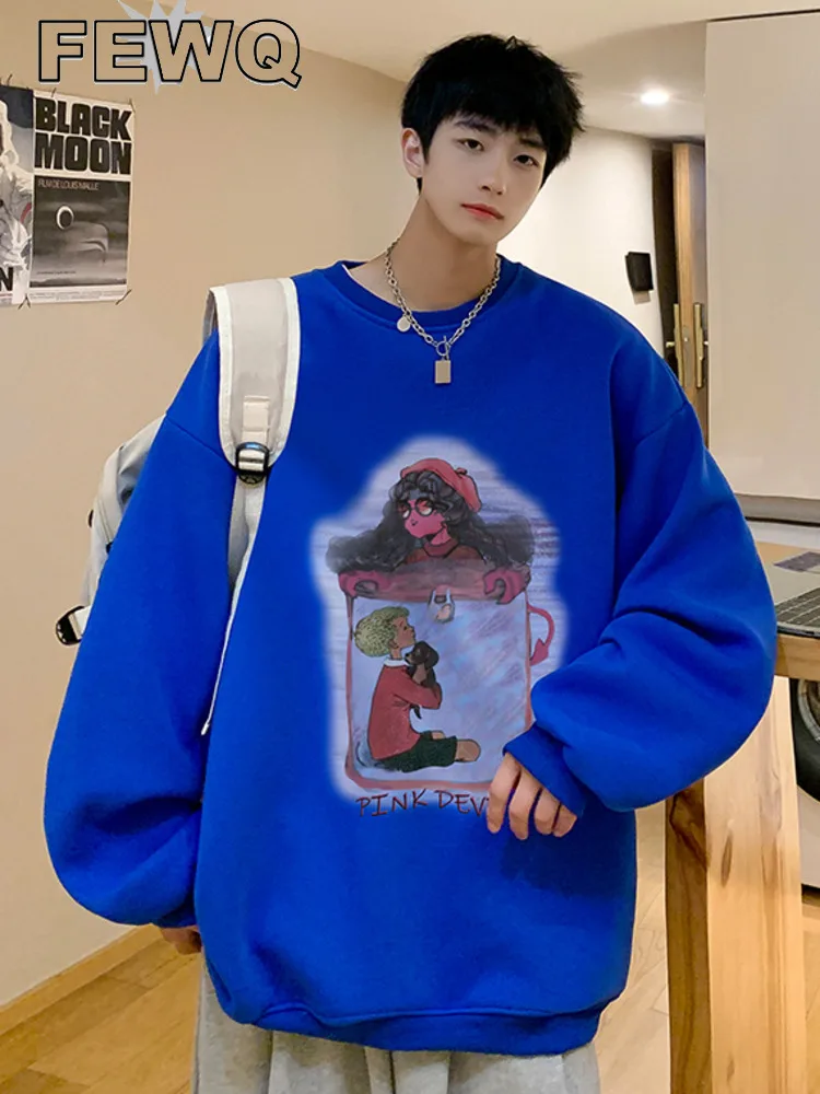 

Мужское плюшевое пальто с принтом FEWQ, Свободный пуловер контрастных цветов с круглым вырезом, топы на осень 2023, 24A1267