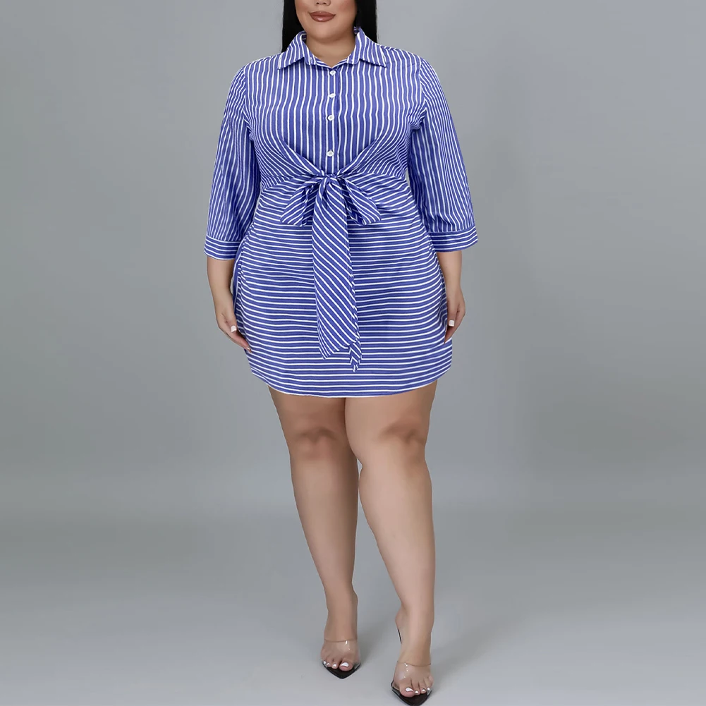 

Plus Size Women Striped Sexy Waist Lace Up Lapel Casual Blouse Blue And White Stripe Waist Strap Lapel Dress XL-4XL 5XL
