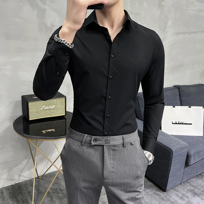

Spring 2022 New Shirts for Men Clothing Slim Fit Long Sleeve Striped Shirts Men Casual Business Formal Wear Blouse Chic W109