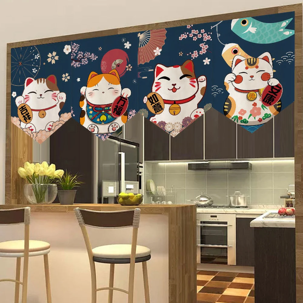 

Japanese Lucky Cat Short Kitchen Curtain Screen Decorative Sushi Shop Fengshui Doorway Curtain Noren Polyester Wind Curtains