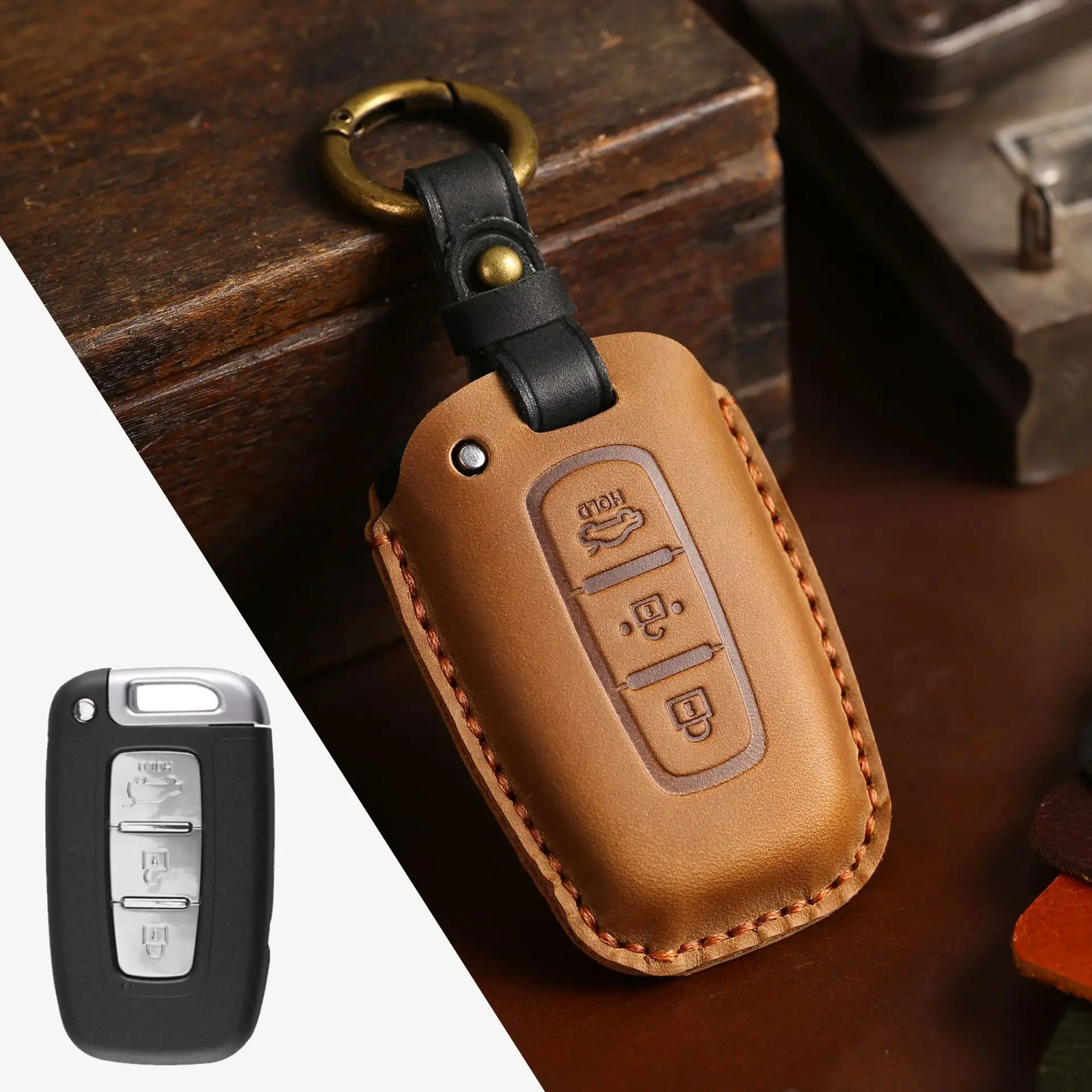

Crazy Horse Leather Car Key Case Cover Fob Shell for Hyundai Veloster Solaris HB20 Rohens Sonata 8 SR IX35 Elantra I30