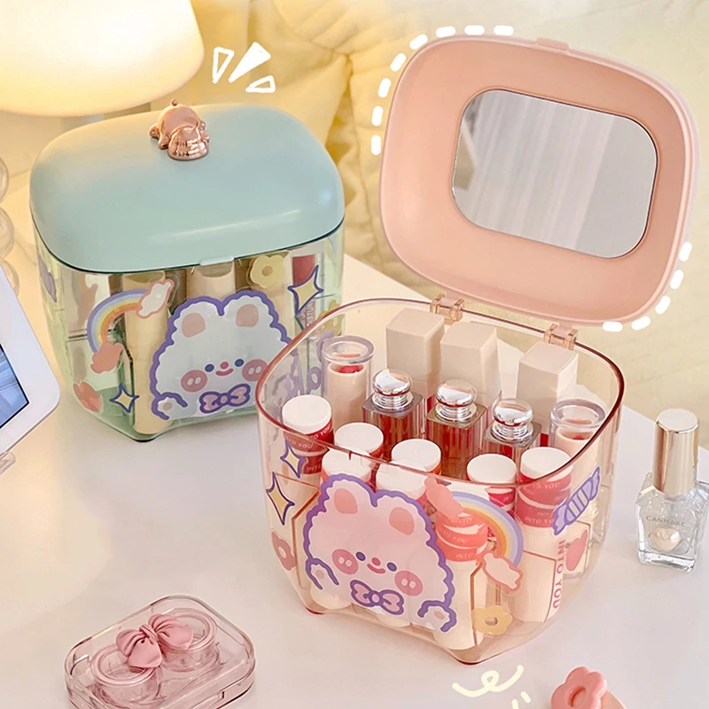 

Kawaii Lipstick Storage Organizer Box With Mirror Grid Plastic Cute Clear Desk Makeup Organizers Container Holder For Women Girl