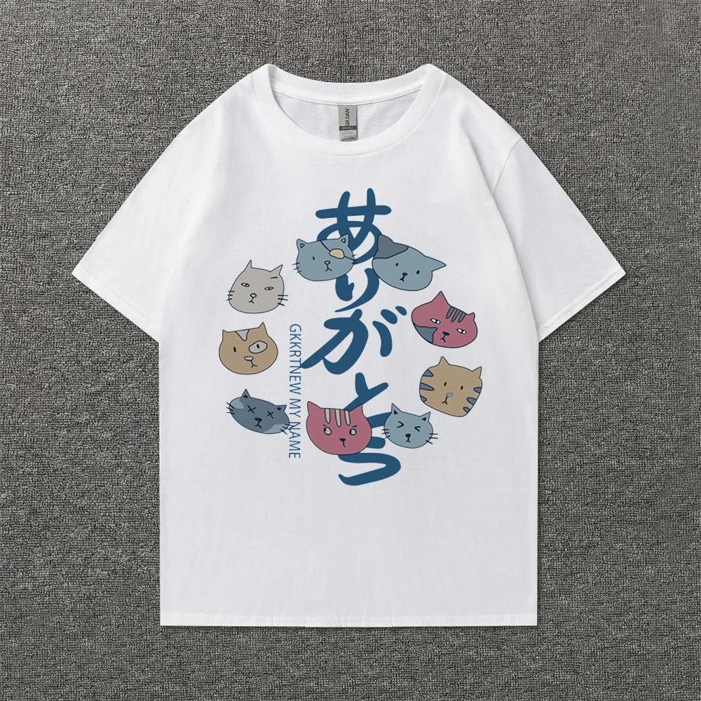 

Мужская футболка в стиле хип-хоп, раньше, Kanji, Harajuku, футболка с забавным котом, хлопковая Футболка с принтом, 2022