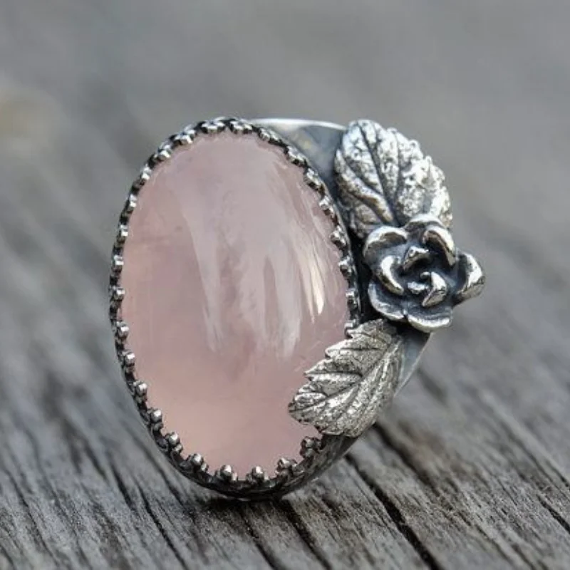

New Arrivals Pink Moonstone Rings Bohemian Female Wedding Jewelry Accessories Gifts for Girl Vintage Silver Leaf Flower Rings