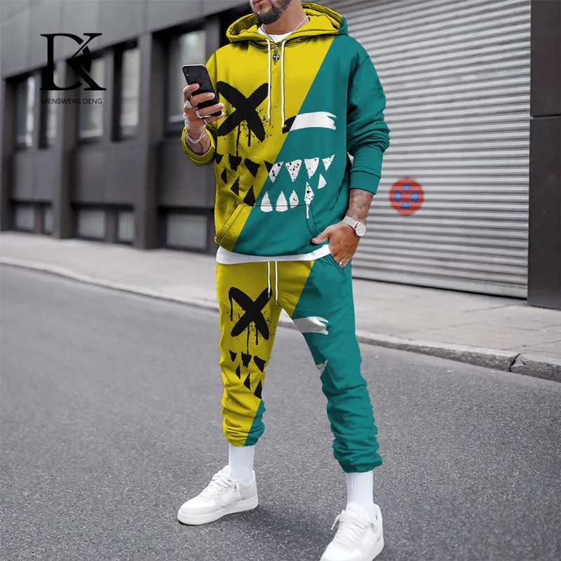 

Mens 2Piece Sets Fleece Warm Sweatshirt Smiley face 3D Print Tracksuit Hip Hop Jogger Outfits Male Streetwear Sportspant&Hoodie