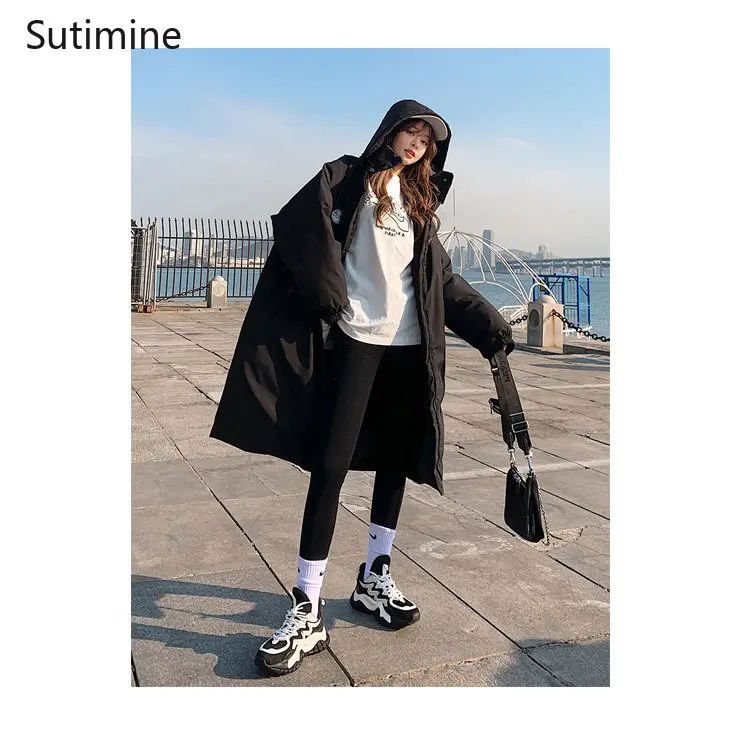 2022 Winter Coat Women Office Lady Pockets Hooded Women's Cotton Padded Clothes Medium Length Loose Over The Knee Zippers Coat