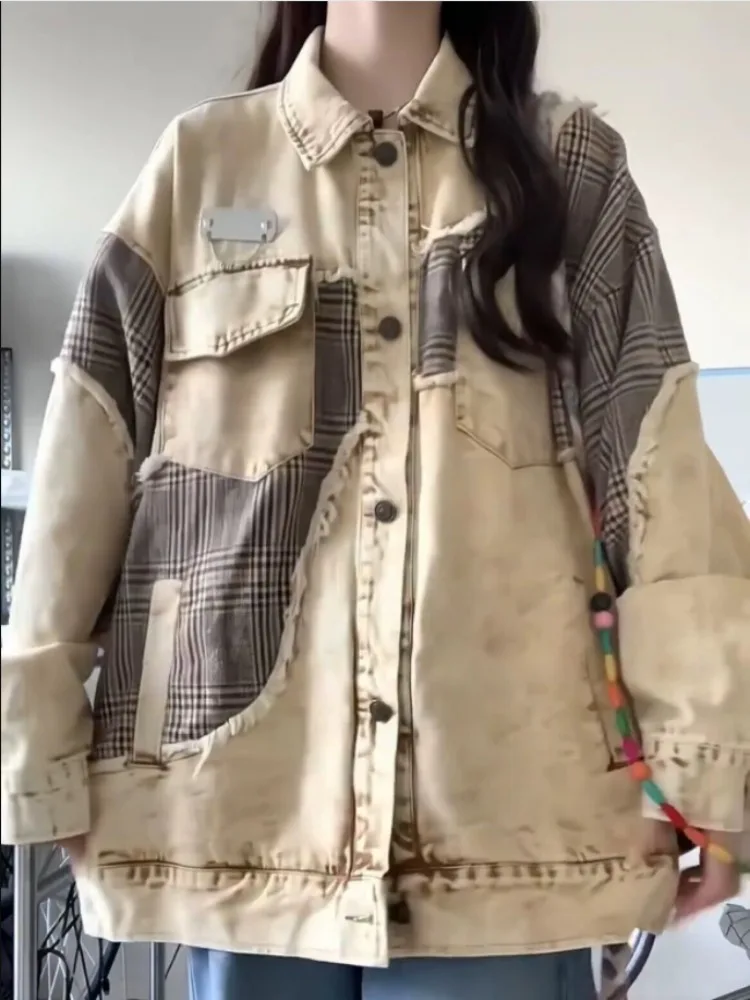 Куртка женская джинсовая в клетку Асимметричная Повседневная Свободная