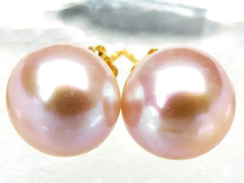 

Boucles d'oreilles en or jaune 14k AAA +++ 12mm, cabochon pain lavande rose perle de la mer du sud