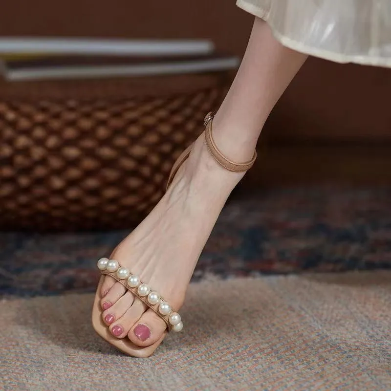 2022 Summer New Sandals Women's Fashion Open Toe High Heels Roman Sandals Pearl Party Shoes Women's Square Heel Sandals