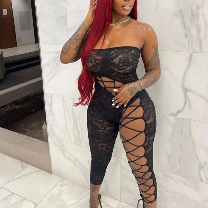

Hot Lace Hollow Out Women Rompers Off Shoulder Solid Sleeveless Skinny Jumpsuits 2022 Summer Sexy Night Club Party One Piece Ove