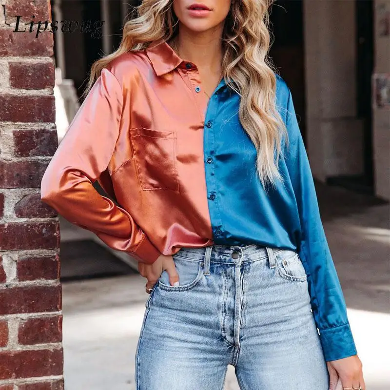 

New Autumn Fashion Contrast Color Glossy Satin Shirt Elegant Women Long Sleeve Blouses Office Lady Lapel Button Loose Work Shirt