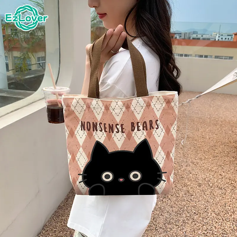 

Холщовые сумки, сумка для женщин 2023, сумка-шоппер с милым котом, сумка-тоут на молнии, дизайнерская сумка в японском стиле, Мультяшные маленькие сумки на плечо
