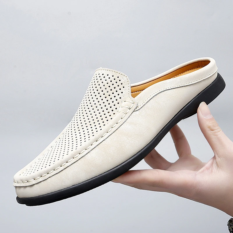 

Summer Men's Shoes Casual Brand Men Breathable Loafers Leather Half Slipper For Men Slip On Lazy Driving Shoe Moccasins Big Size