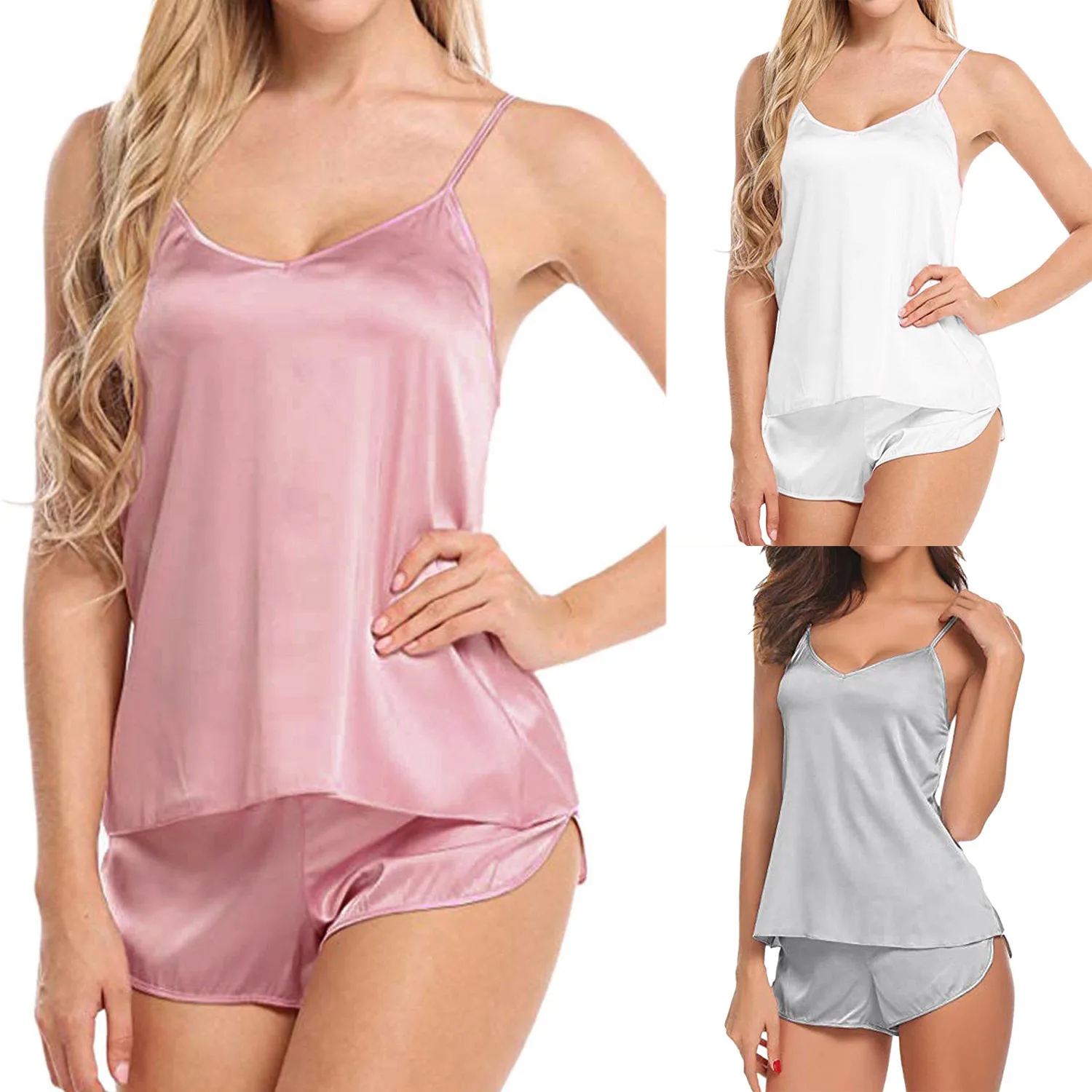 

Women's Summer Sexy Simulation Silk V-Neck Lace Suspenders Shorts Pajamas Suit