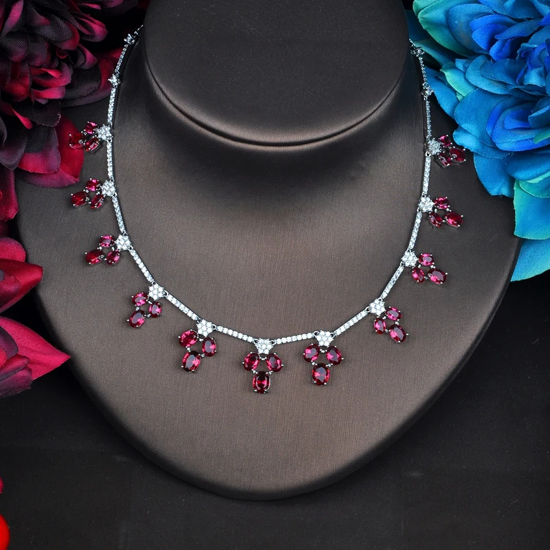 

Fashion Red Wedding Jewelry sets For Women Party Dresses Accessories Necklace Sets Earings Set Cubic Zirconia Jewelry N-554