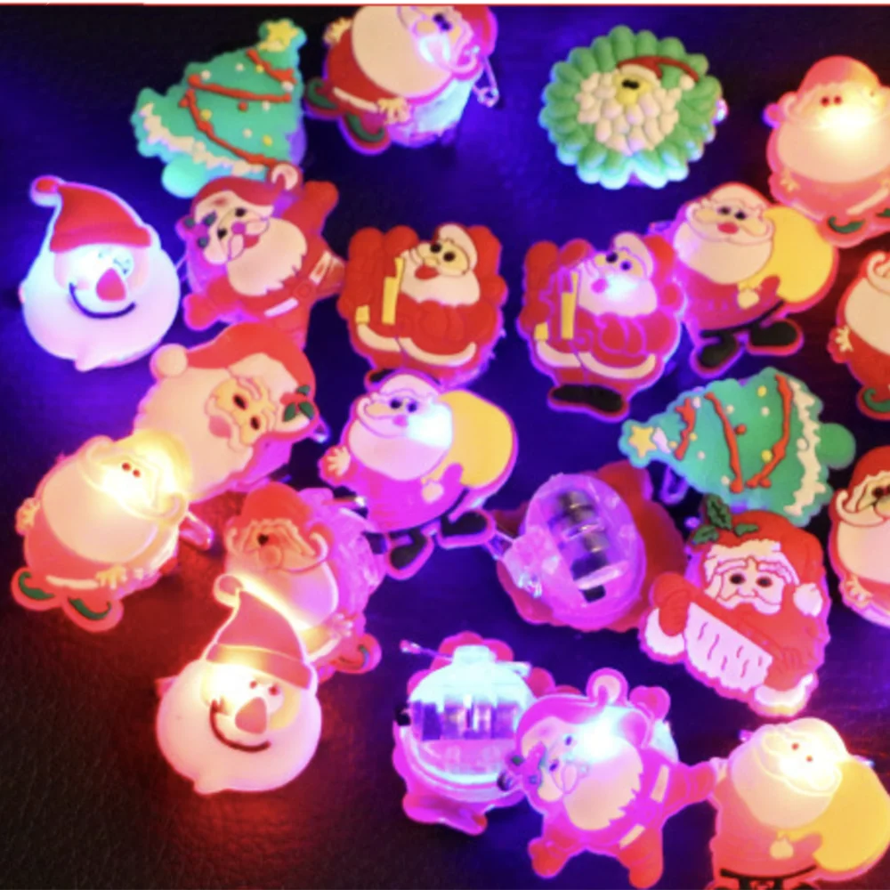 

10/30pcs Christmas Tree Santa ClausDecorations Creative Cute Glowing Ring Brooch Rings Kids Gifts Christmas Party Supplies