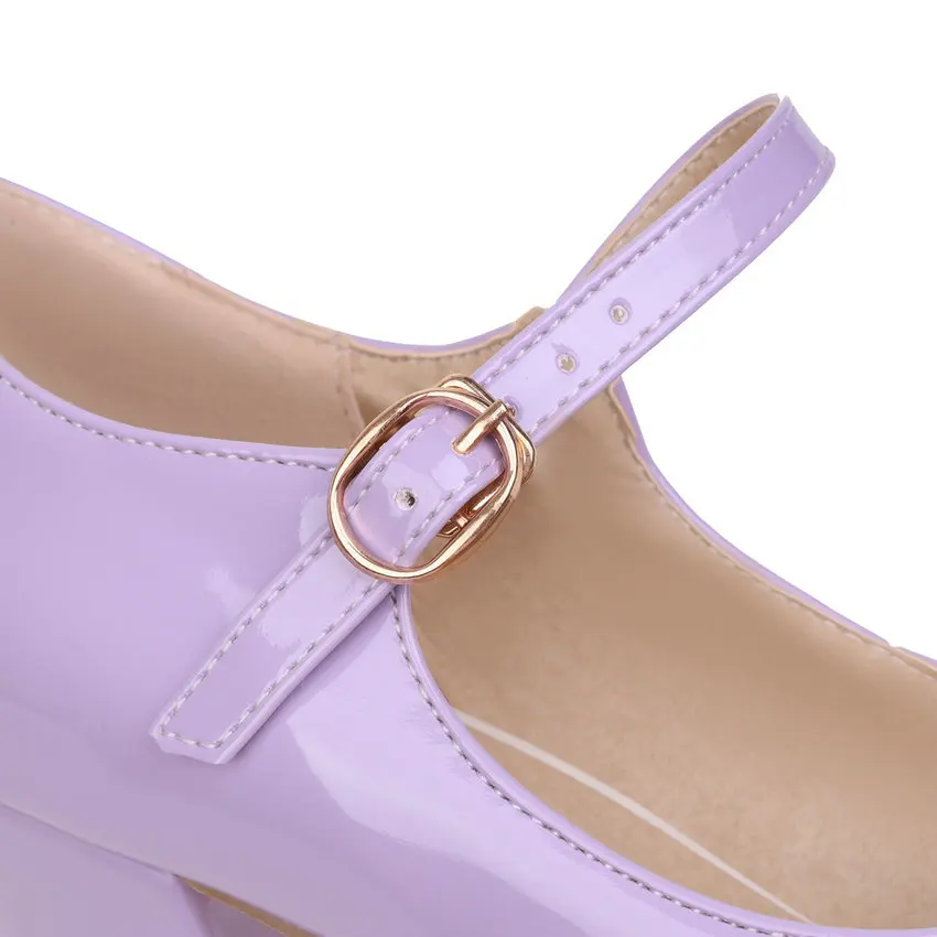Eokkar Patent Leather Mary Janes Shoes High Heels Women Chunky Block Heel Pumps Buckle Closed Toe Square Toe Pumps Plush Size