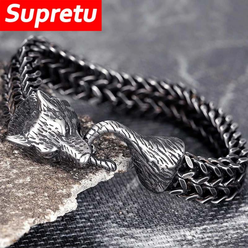 Men Cuff Chain Vintage Stainless Steel Wolf Head Bracelet Viking Animal Wristband Charm Jewelry Wholesale Male Gift Dropshipping