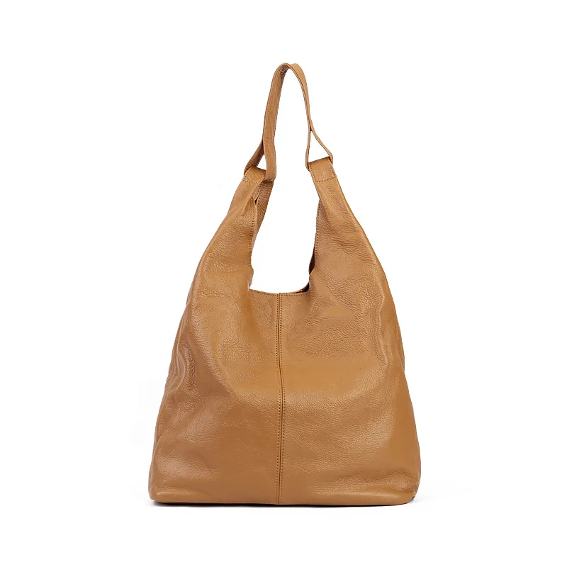 Casual Genuine Leather Hobo Women Soft Bright Color Cowhide Shopper Bags Female Daily Large Shoulder Handbags Purses