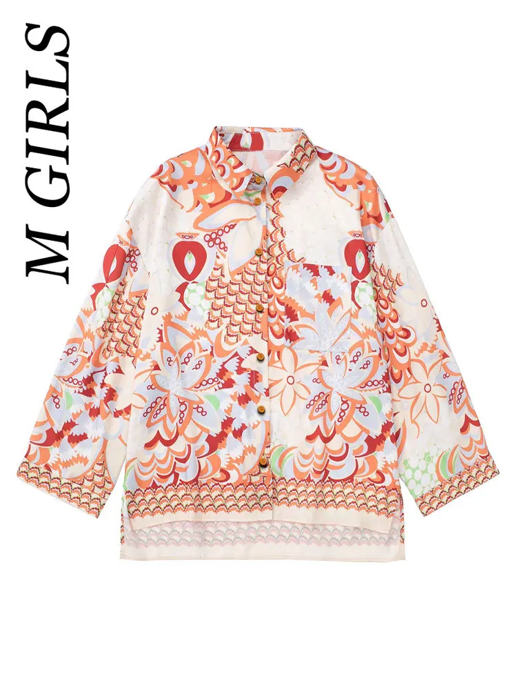 

M GIRLS Women Fashion With Pocket Printed Loose Shirts And High Elastic Waist Drawstring Shorts Female Two Pieces Sets Mujer