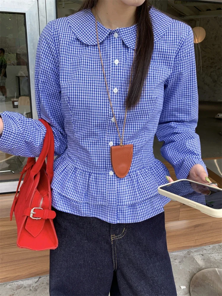 ADAgirl Синяя клетчатая рубашка с воротником Питера Пэна Женская шикарная