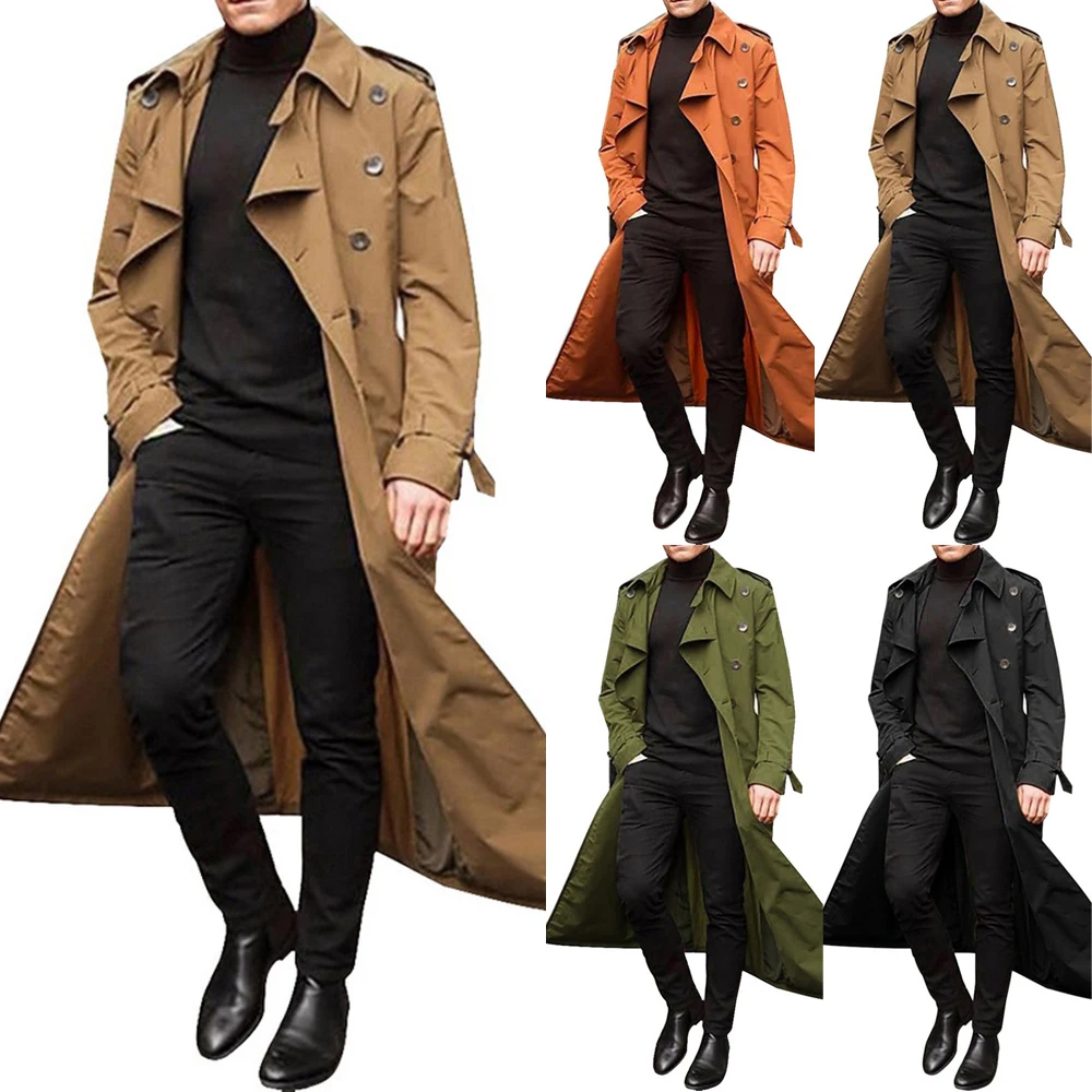 

2023 Spring Autumn New Men's Long Windbreaker Solid Color Fashion Casual Jacket Lapel Double-breasted Male Trench Coat Overcoat