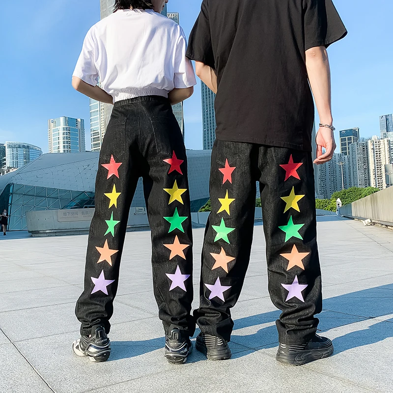 

Couples Colorful Stars Print Jeans for Teenage Girls Fashion Trends Boyfriend Streetwear Bottoms Womens Straight Leg Denim Pants