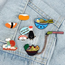 Japanese Cuisine Lapel Pins Cartoon Foods Salmon Sushi Ramen Brooch Cute Funny Noodle Bag Enamel Badge Jewelry Gift for Kid Girl
