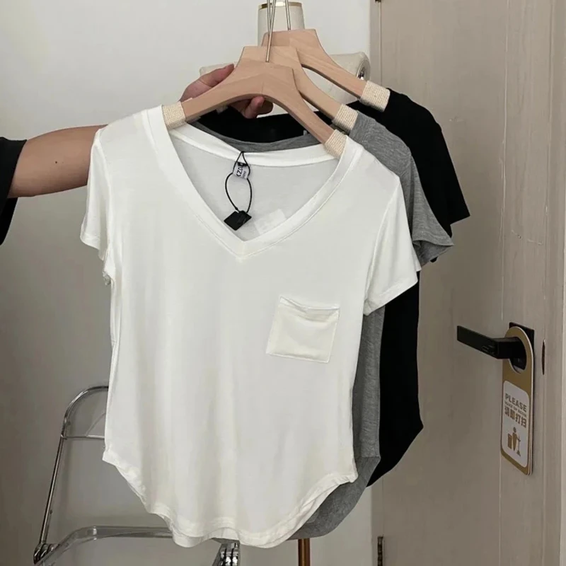 

Modal Women's Cotton T-Shirt Solid Thin Crop Top Summer Clothes Korean Ladies Aesthetic Pockets Asymmetrical V-Neck Short Sleeve