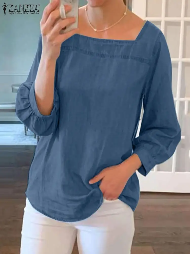 

ZANZEA Fashion Denim Blouse Summer Women 3/4 Sleeve Tunic Shirt Female Square Collar Solid Color Blouses Vintage OL Work Tops