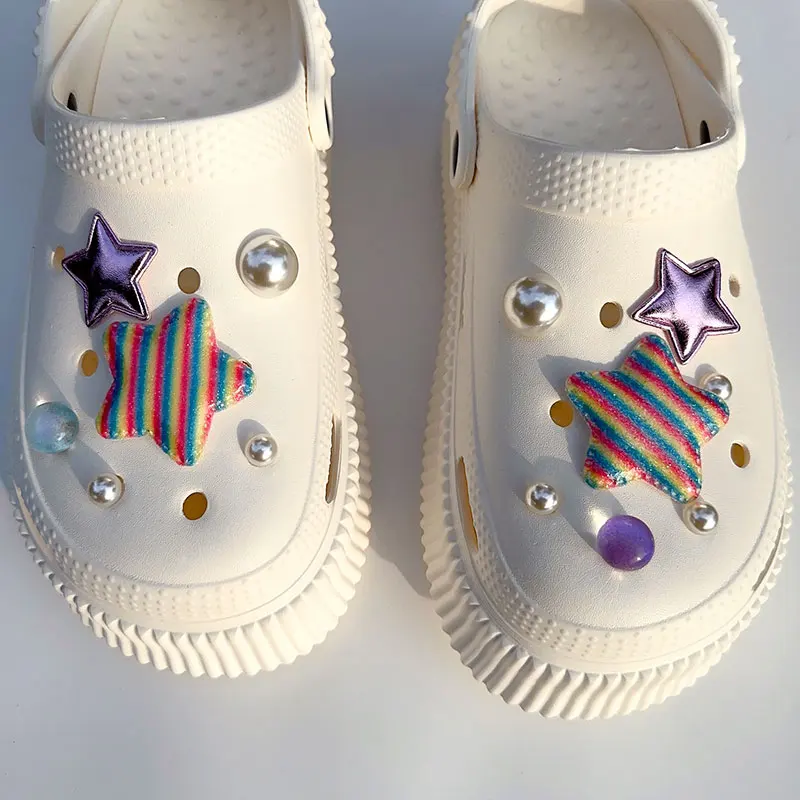 Rainbow Stripe Stars Shoes Charms Pack Vintage Romantic Purple Starry Sky Pearls Clogs Y2K Accessories Shoe Adornment Jewelry