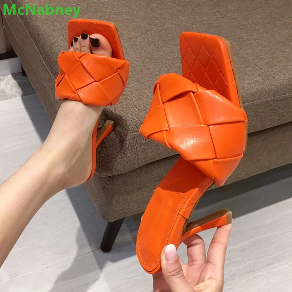 Grids Design Weave Slippers Square Toe High Heel Slides Solid Shallow Simple Comfortable Summer Shoes For Women Outside Sandals