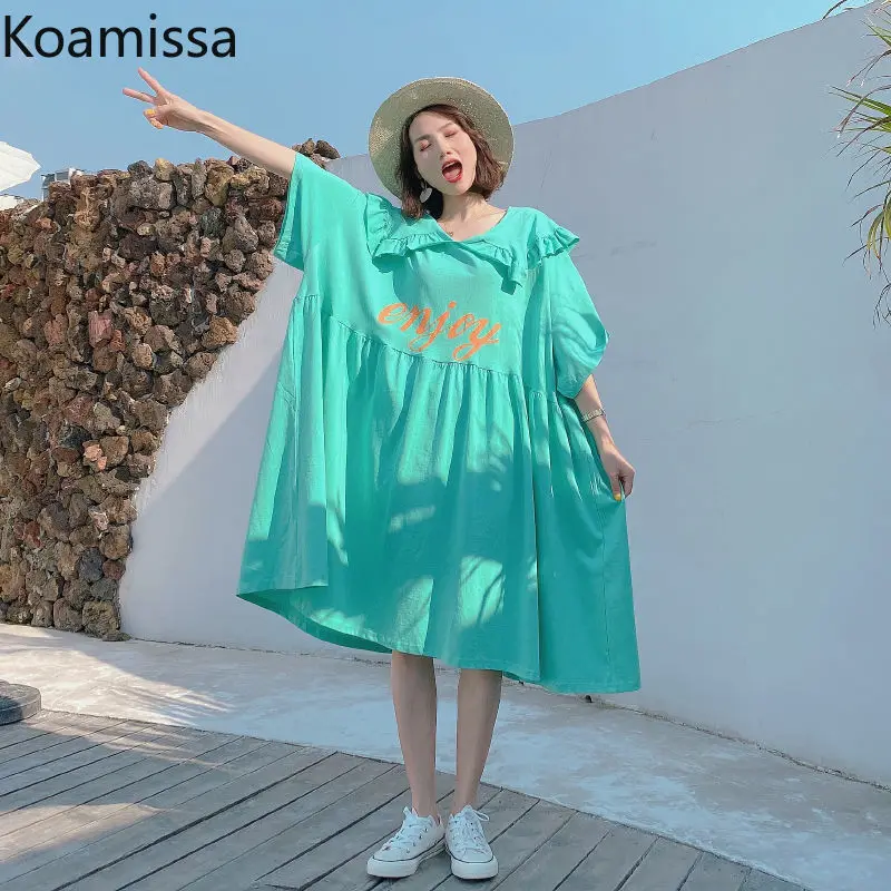 

Koamissa Oversized Women Midi Dress Short Sleeve Student Plus Size Loose Straight Dresses Korean Vestidos New Robe Ropa Mujer