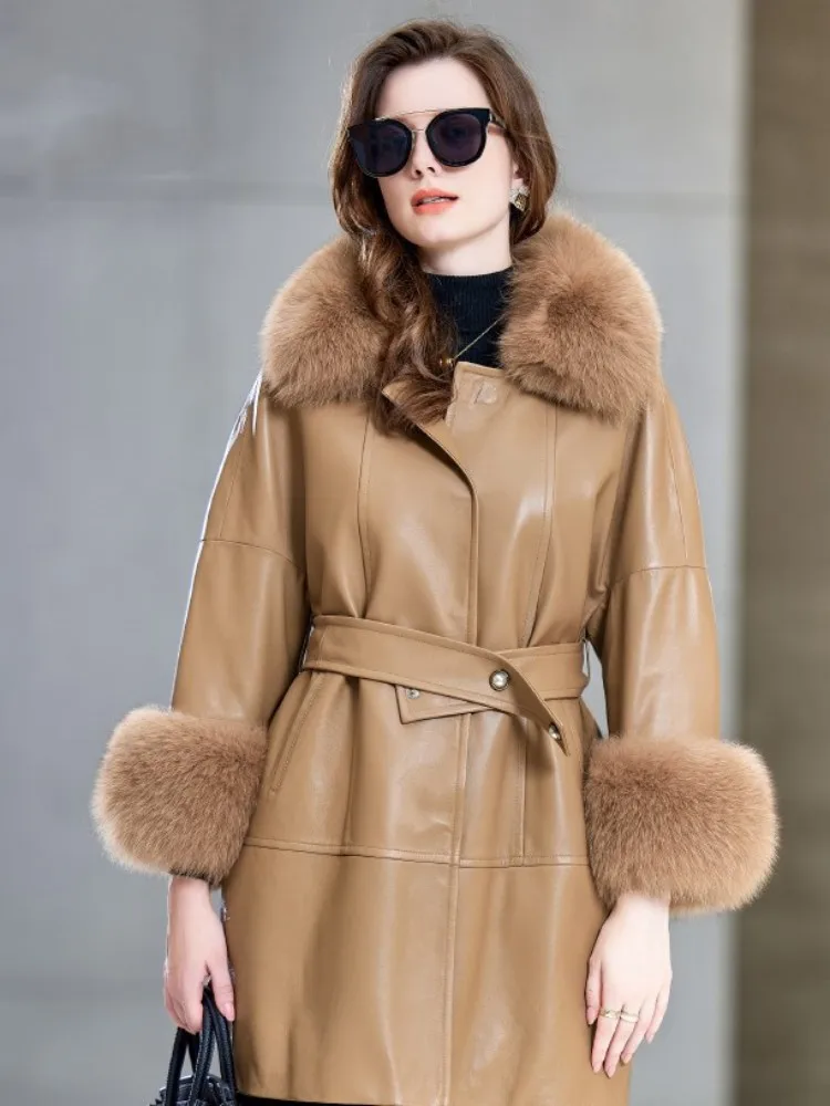 Женское зимнее пальто из натуральной кожи с воротником лисьего меха