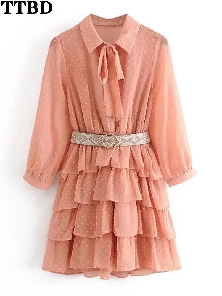 

TTBD fall fashion 2022 Women with belt cascading ruffles tulle mini dress traf long sleeve chiffon female dresses vestidos