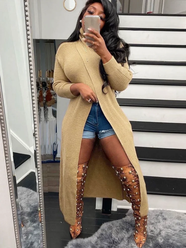 

WUHE женская вязаная водолазка с высоким разрезом и длинным рукавом, макси-свитер большого размера, модель осенне-зимнего сезона 2022 года, тепл...