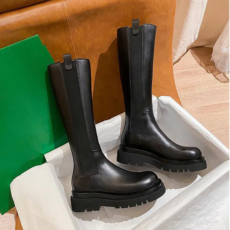 GCYCG Brand 2023 Genuine Leather Knee High Boots For Women Thick Heeled Autumn Winter Warm Shoes Woman High Motorcycle Boots