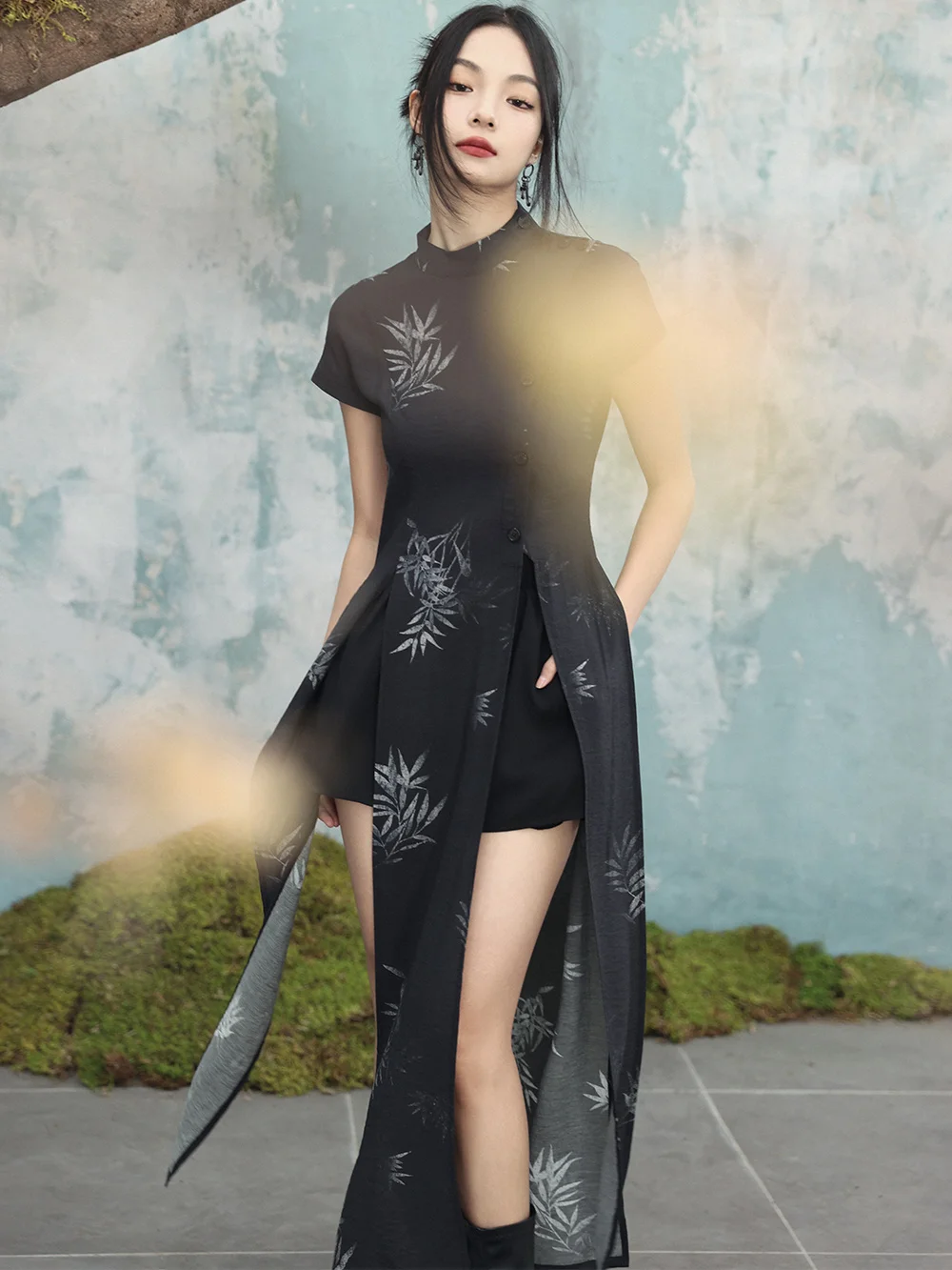 Новинка элегантное женское китайское платье UMI MAO с принтом бамбуковых листьев