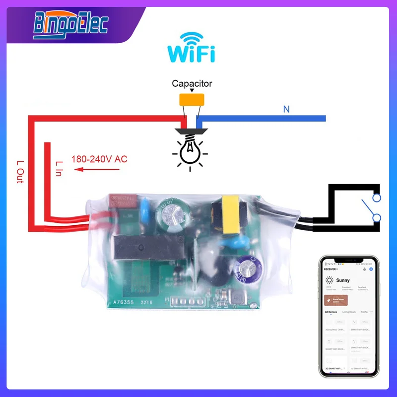 

Bingoelec DIY Wifi Smart Switch parts No Neutral Wire Smart Home Universal Module Remote Control Works with Alexa Google Home