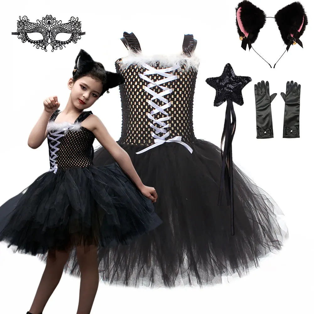 

Girl Hollow Mesh Dress Sleeveless Cat Girl Dress Up Halloween Carnival Party Cosplay Costume Children Tutu Performance Clothes
